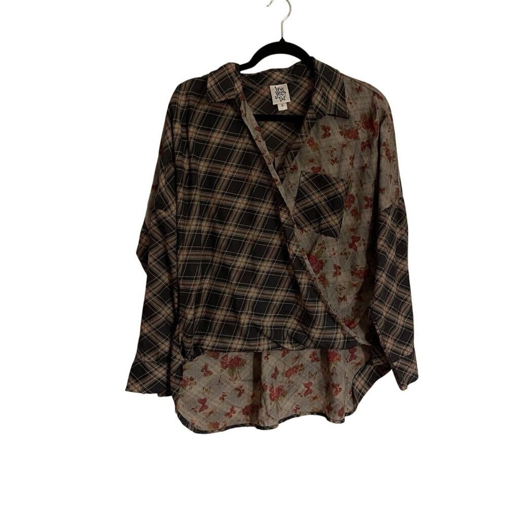 Ivy Jane Women S Plaid Floral Boho Western Long Sleeve Surplice Faux Wrap Blouse